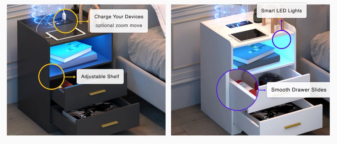 product with magnified furniture elements —zoom hotspot and text bubble.
