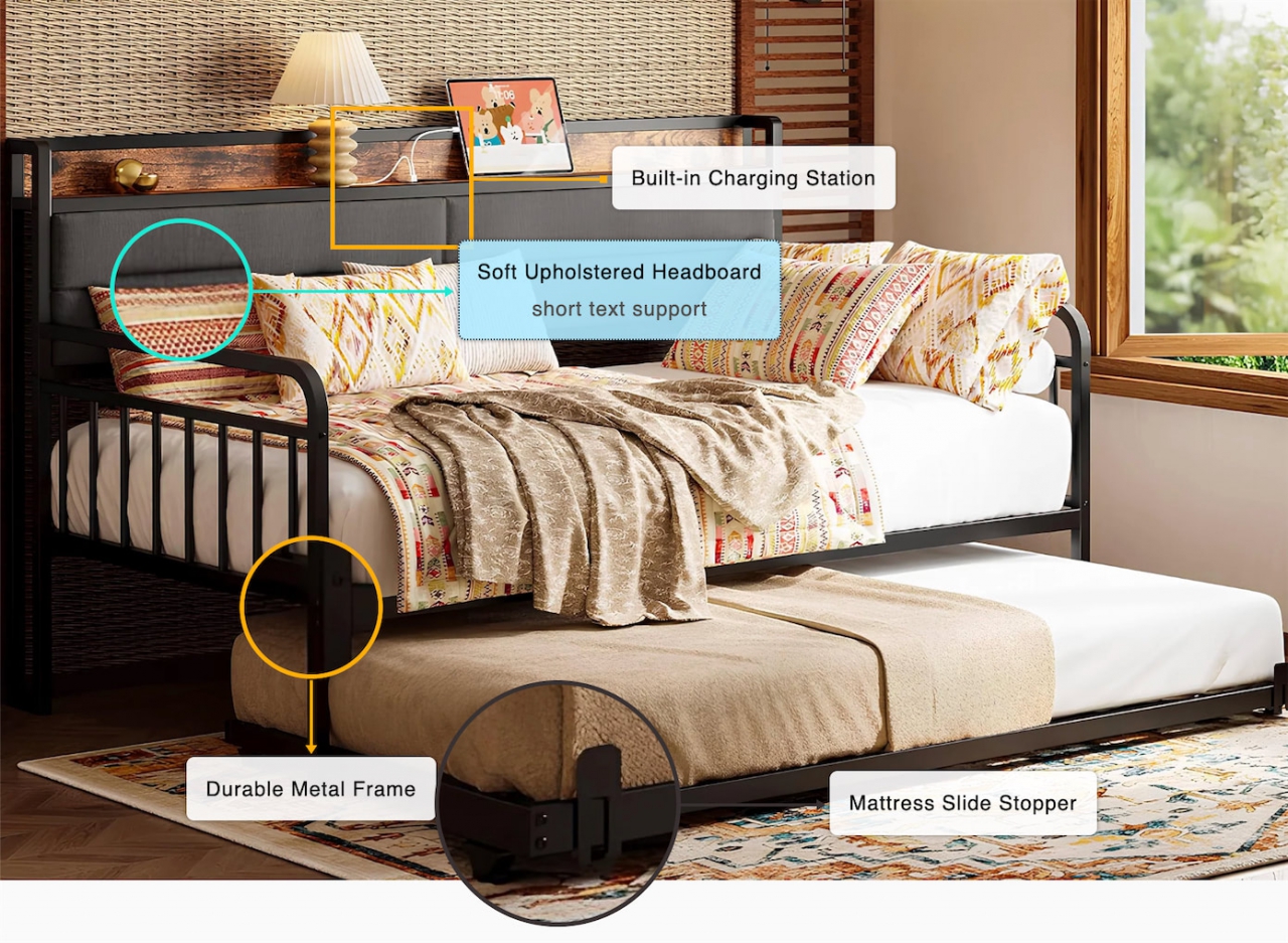 Single image banner created with ZoomiBlocks highlighting daybed features with zoom callouts: Built-in charging station, Soft upholstered headboard, Durable metal frame, Mattress slide stopper.