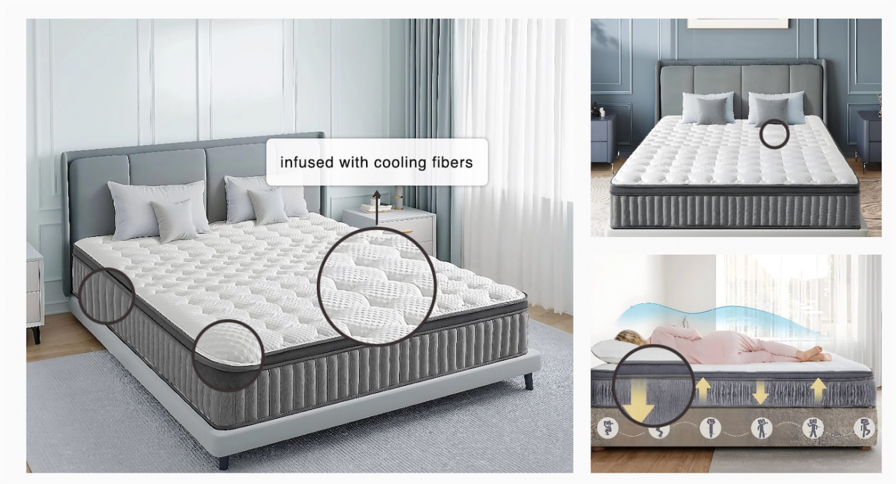 Three-image photoboard created with ZoomiBlocks showing nightstand features with zoom circles and text bubbles: Charge your devices, Adjustable shelf, Smart LED lights, Smooth drawer slides.