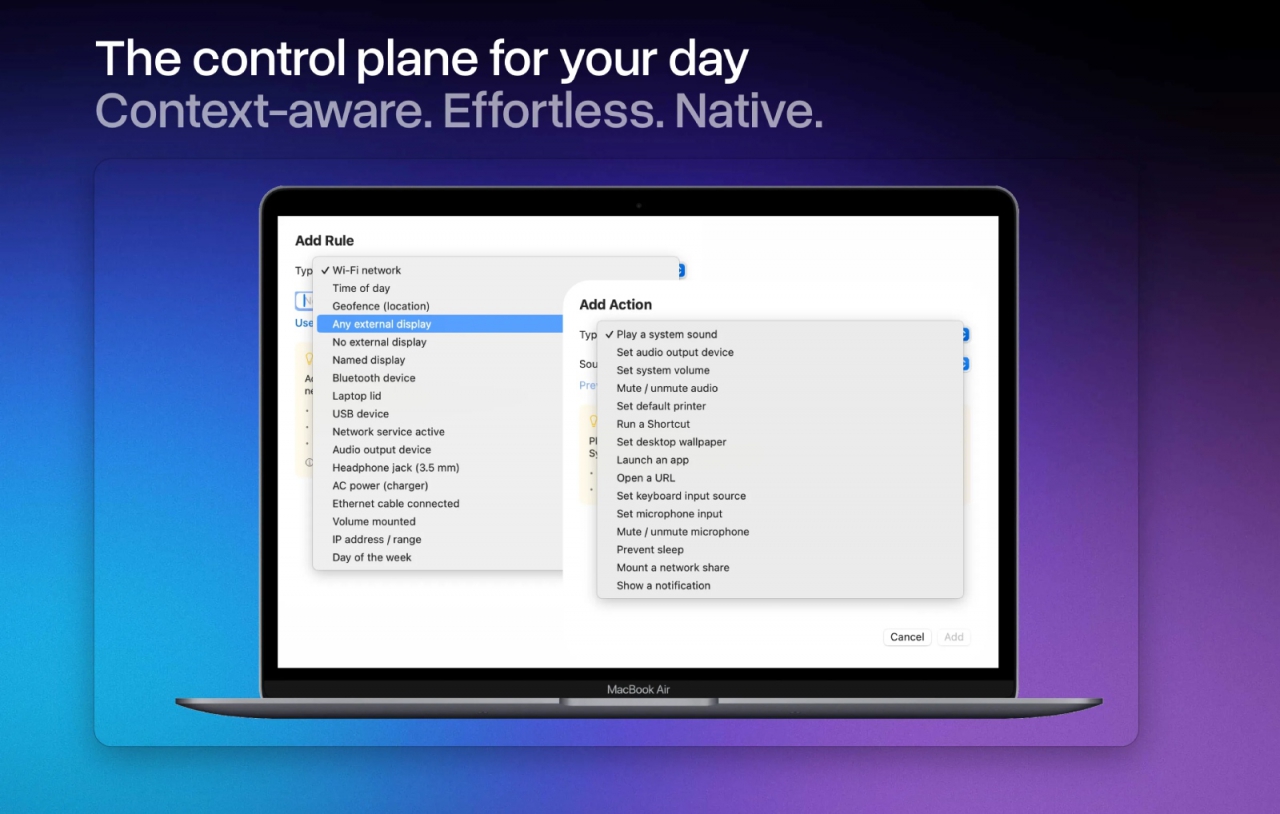 Automatically Change Mac Settings Based on Wi-Fi, Bluetooth, or Location