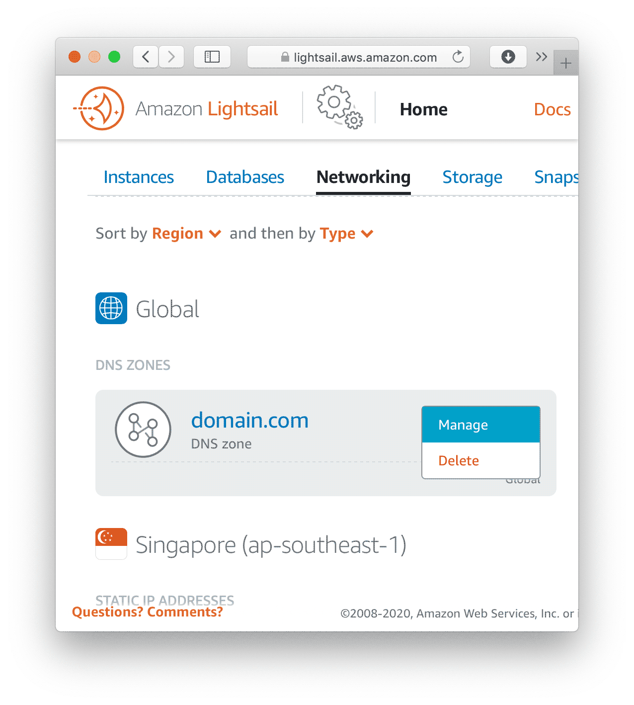Amazon Lightsail manage DNS zone