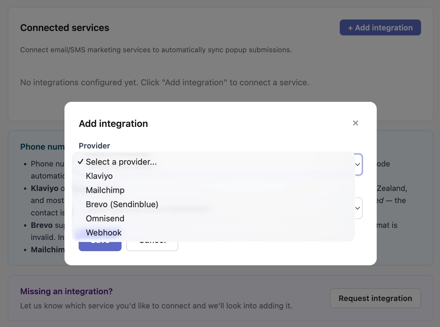 Poppy integrations dashboard showing connected status for Klaviyo and Mailchimp, with fields for API key, list selection, and a 'Test Connection' button.