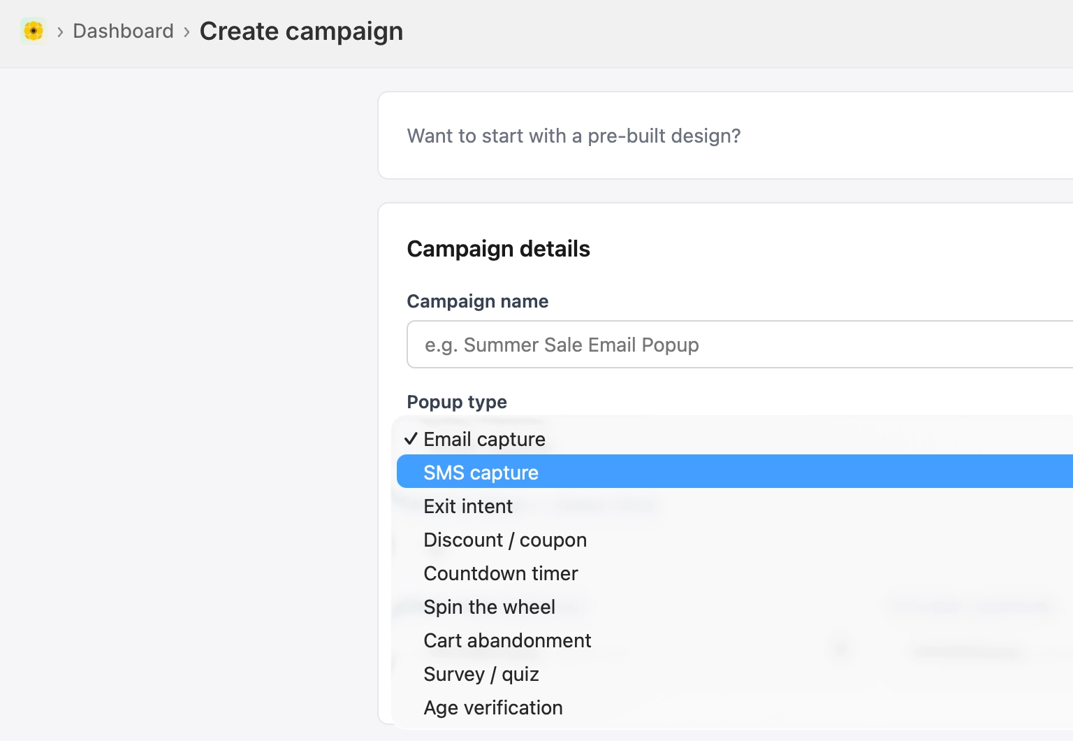 Poppy dashboard showing the campaign type selector with nine popup types: Email Capture, SMS Capture, Spin Wheel, Exit Intent, Countdown Timer, Cart Abandonment, Survey, Age Verification, and Sales Notification.