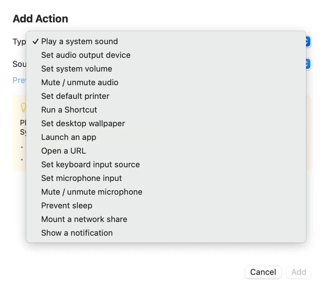 The Add Action dialog in Profiles Switcher showing all available actions: Play a system sound, Set audio output device, Set system volume, Mute / unmute audio, Set default printer, Run a Shortcut, Set desktop wallpaper, Launch an app, Open a URL, Set keyboard input source, Set microphone input, Mute / unmute microphone, Prevent sleep, Mount a network share, Show a notification.