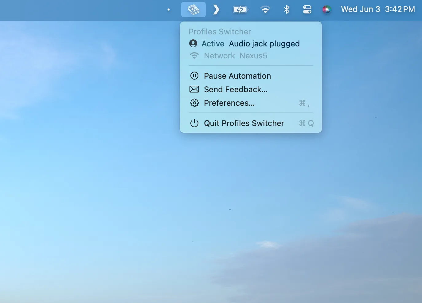 The Profiles Switcher menu bar dropdown showing an active profile named 'Audio jack plugged' highlighted in blue, with network shown as Nexus5. The popup includes options for Pause Automation, Send Feedback, Preferences, and Quit Profiles Switcher.