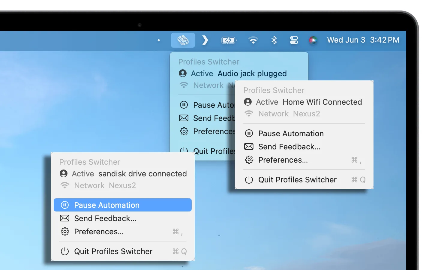 The Profiles Switcher app and menu bar showing three profiles active simultaneously: 'Audio jack plugged' (ACTIVE), 'sandisk drive connected' (ACTIVE), and 'Home Wifi Connected' (ACTIVE). The menu bar shows two separate popups to illustrate multiple simultaneous active profiles.