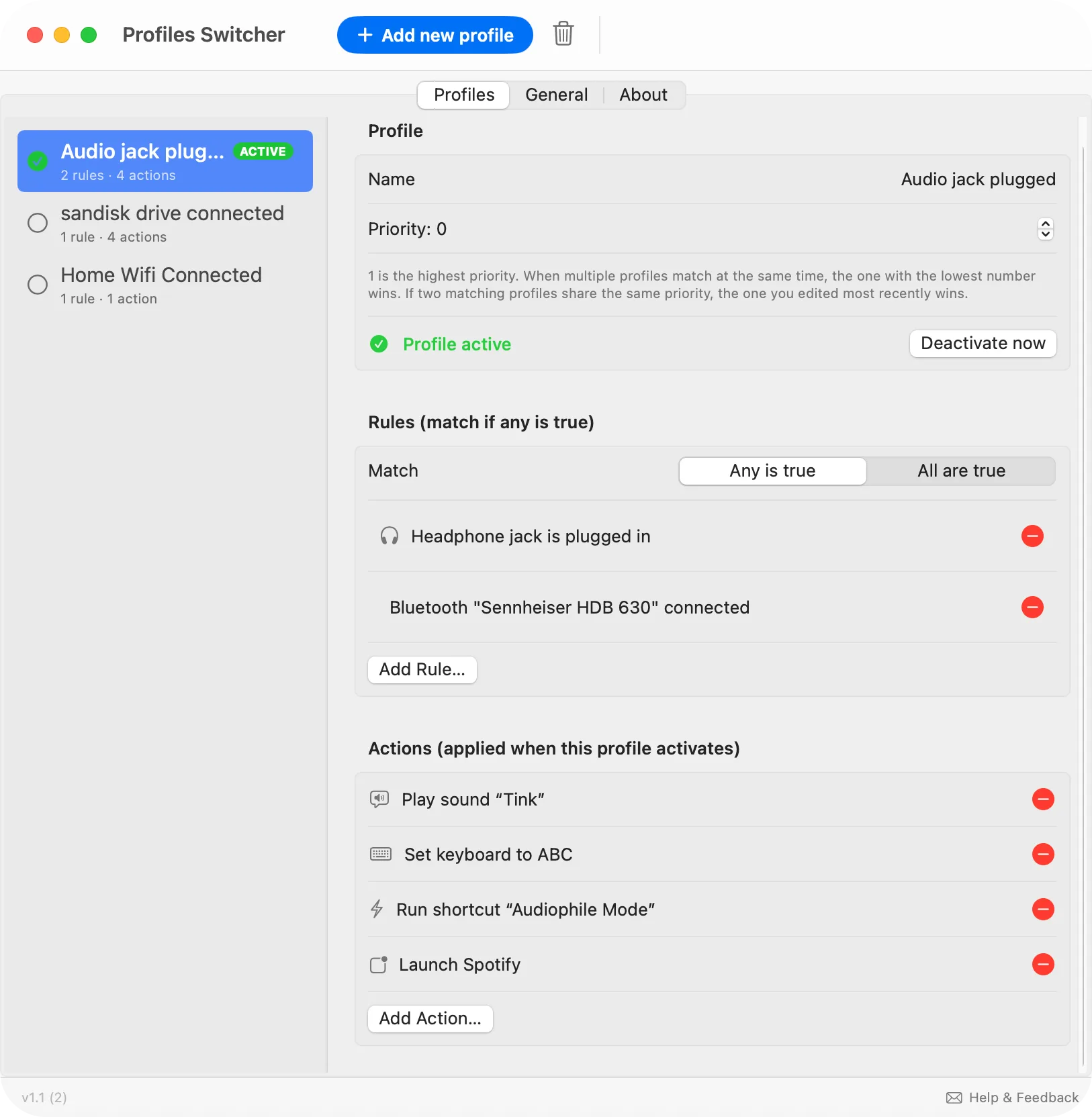 Profiles Switcher showing an 'Audio jack plugged' profile with two trigger rules: headphone jack is plugged in and Bluetooth Sennheiser HDB 630 connected. Four actions are configured: Play sound Tink, Set keyboard to ABC, Run shortcut Audiophile Mode, Launch Spotify.