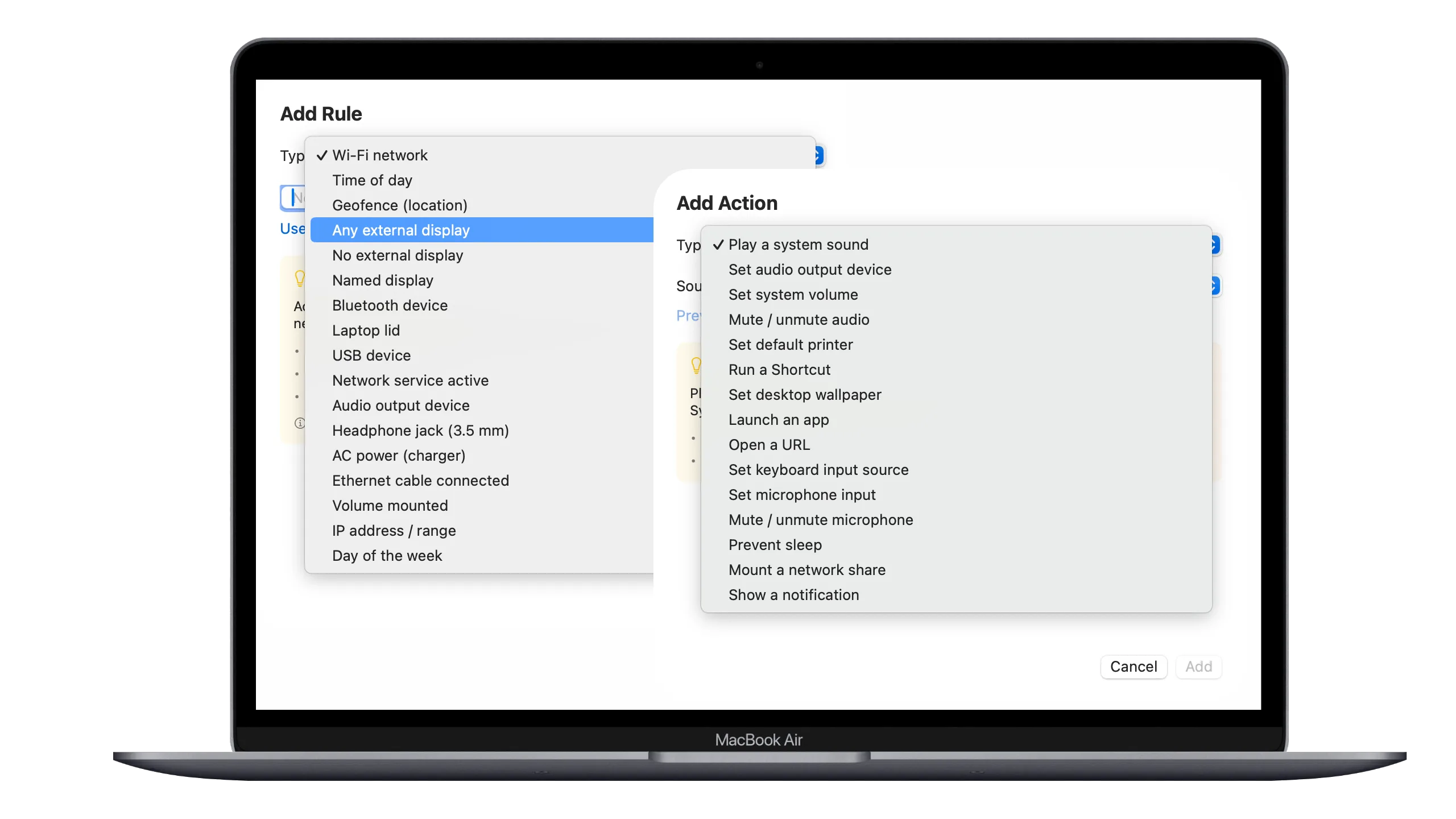 A MacBook Air showing Profiles Switcher open with the Add Rule dialog displaying trigger options and the Add Action dialog showing action options side by side.