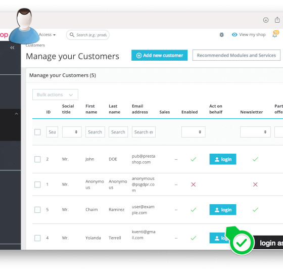 PrestaShop Login as customer