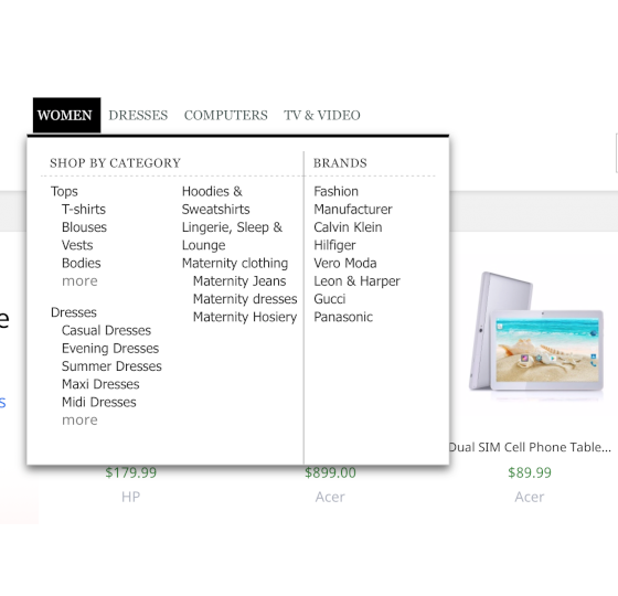 ShopBy Top navigation menu
